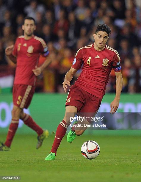 Marc Bartra of Spain in action during the UEFA EURO 2016 Qualifier group C match between Spain and Luxembourg at Estadio Municipal Las Gaunas on...