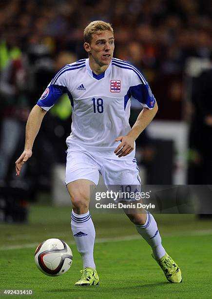 Laurent Jans of Luxembourg in action during the UEFA EURO 2016 Qualifier group C match between Spain and Luxembourg at Estadio Municipal Las Gaunas...