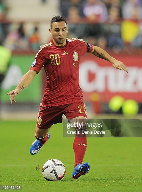 Santi Cazorla of Spain in action during the UEFA EURO 2016 Qualifier group C match between Spain and Luxembourg at Estadio Municipal Las Gaunas on...