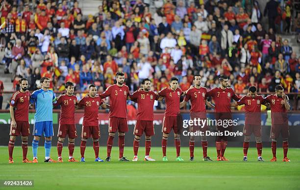 The Spain team line up before the UEFA EURO 2016 Qualifier group C match between Spain and Luxembourg at Estadio Municipal Las Gaunas on October 9,...