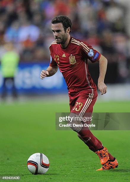 Juan Mata of Spain in action during the UEFA EURO 2016 Qualifier group C match between Spain and Luxembourg at Estadio Municipal Las Gaunas on...