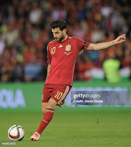 Cesc Fabregas of Spain in action during the UEFA EURO 2016 Qualifier group C match between Spain and Luxembourg at Estadio Municipal Las Gaunas on...