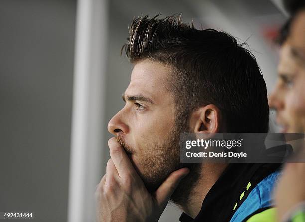 David de Gea of Spain looks on before the UEFA EURO 2016 Qualifier group C match between Spain and Luxembourg at Estadio Municipal Las Gaunas on...