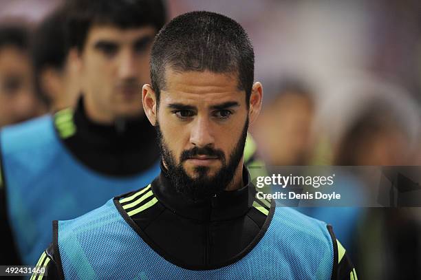 Isco of Spain looks on before the UEFA EURO 2016 Qualifier group C match between Spain and Luxembourg at Estadio Municipal Las Gaunas on October 9,...