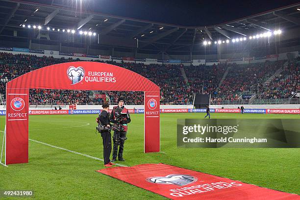 Qualifier branding is displayed prior to the UEFA EURO 2016 qualifier between Switzerland and San Marino at AFG Arena on October 9, 2015 in St...