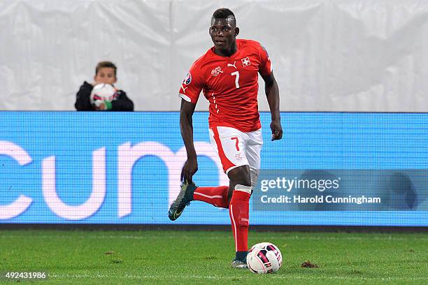 Breel Embolo of Switzerland in action during the UEFA EURO 2016 qualifier between Switzerland and San Marino at AFG Arena on October 9, 2015 in St...