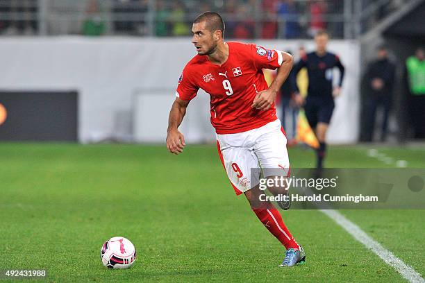 Eren Derdiyok of Switzerland in action during the UEFA EURO 2016 qualifier between Switzerland and San Marino at AFG Arena on October 9, 2015 in St...