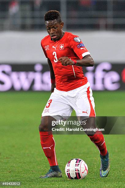 Francois Moubandje of Switzerland in action during the UEFA EURO 2016 qualifier between Switzerland and San Marino at AFG Arena on October 9, 2015 in...