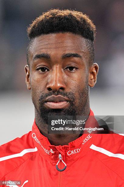 Johan Djourou of Switzerland looks on during the anthem prior to the UEFA EURO 2016 qualifier between Switzerland and San Marino at AFG Arena on...