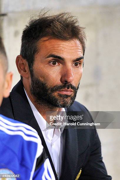 San Marino's Coach Pierangelo Manzaroli looks on during the UEFA EURO 2016 qualifier between Switzerland and San Marino at AFG Arena on October 9,...