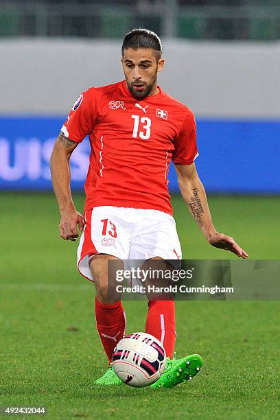 Ricardo Rodriguez of Switzerland in action during the UEFA EURO 2016 qualifier between Switzerland and San Marino at AFG Arena on October 9, 2015 in...