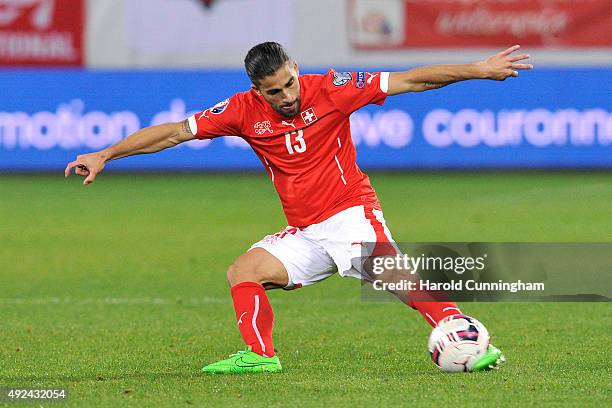 Ricardo Rodriguez of Switzerland in action during the UEFA EURO 2016 qualifier between Switzerland and San Marino at AFG Arena on October 9, 2015 in...