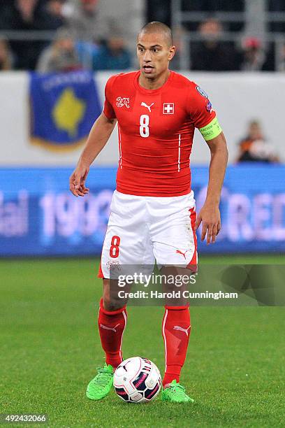 Gokhan Inler of Switzerland in action during the UEFA EURO 2016 qualifier between Switzerland and San Marino at AFG Arena on October 9, 2015 in St...