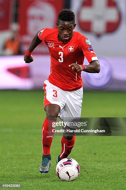 Francois Moubandje of Switzerland in action during the UEFA EURO 2016 qualifier between Switzerland and San Marino at AFG Arena on October 9, 2015 in...