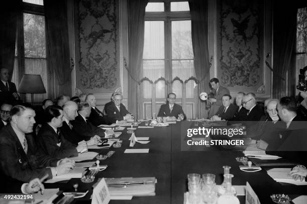 Foreign Ministers attend on April 12, 1951 the conference of the Shuman Declaration in Paris: Luxembourgian Joseph Bech, Dutch Dirk Stikker, Belgian...