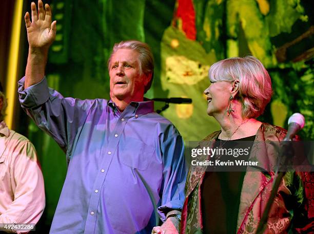 Musician Brian Wilson and his wife Melinda Ledbetter Wilson appear onstage at Roadside Attraction's "Love and Mercy" DVD release and music...