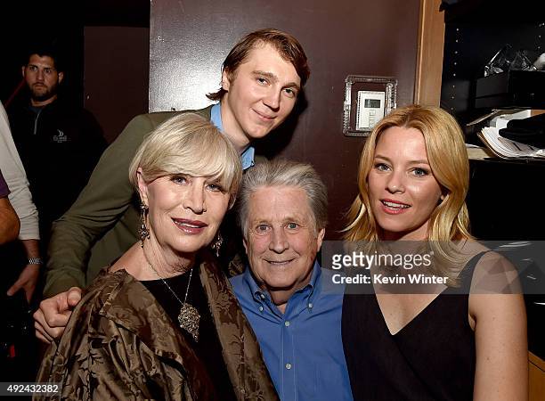 Melinda Ledbetter Wilson, actor Paul Dano, musician Brian Wilson and actress Elizabeth Banks pose backstage at Roadside Attraction's "Love and Mercy"...