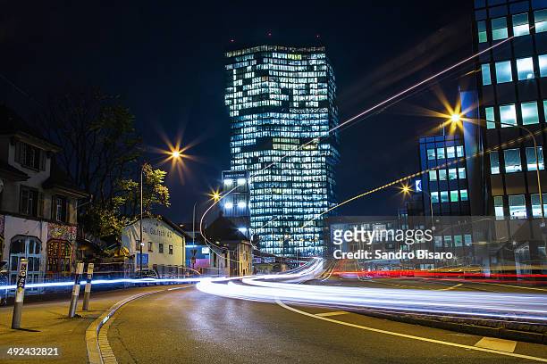prime tower at night with traffic lights - zurich foto e immagini stock