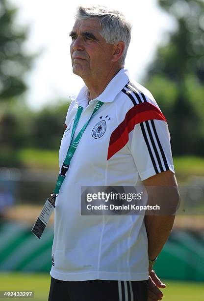 Coach Frank Engel of Germany looks on prior to the international friendly U15 match between Germany and Netherlands on May 20, 2014 in Weingarten,...