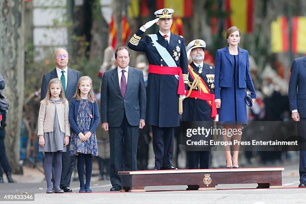 King Felipe of Spain , Queen Letizia of Spain, Princess Leonor and Princess Sofia attend the National Day Military Parade 2015 on October 12, 2015 in...