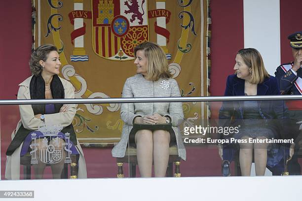 Isabel García Tejerina, Fatima Banez and Ana Pastor attend the National Day Military Parade 2015 on October 12, 2015 in Madrid, Spain.