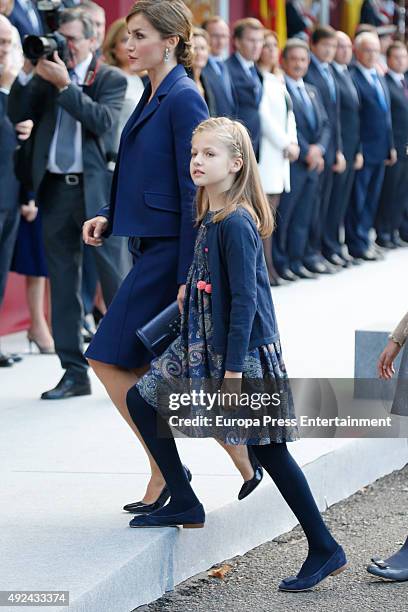 Queen Letizia of Spain and Princess Leonor attend the National Day Military Parade 2015 on October 12, 2015 in Madrid, Spain.