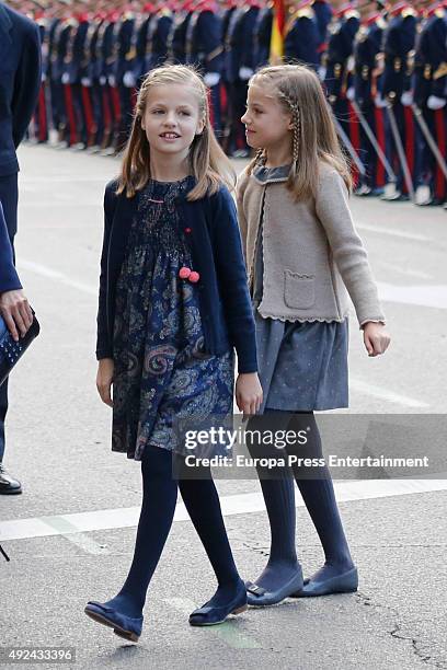 Princess Leonor and Princess Sofia attend the National Day Military Parade 2015 on October 12, 2015 in Madrid, Spain.