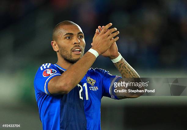 Josh Magennis of Northern Ireland celebrates after the UEFA EURO 2016 Qualifying match between Finland and Northern Ireland at the Olympic Stadium on...