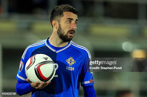 Conor McLaughlin of Northern Ireland during the UEFA EURO 2016 Qualifying match between Finland and Northern Ireland at the Olympic Stadium on...