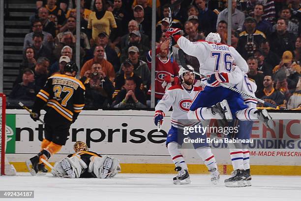Subban of the Montreal Canadiens celebrates a goal against the Boston Bruins in Game Seven of the Second Round of the 2014 Stanley Cup Playoffs at TD...