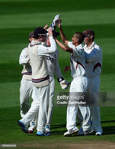 Alfonso Thomas of Somerset celebrates dismissing Keaton Jennings of Durham for three during day two of the LV County Championship Division One match...