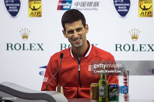 Novak Djokovic of Serbia speaks at a press conference on day 3 of Shanghai Rolex Masters at Qi Zhong Tennis Centre on October 13, 2015 in Shanghai,...