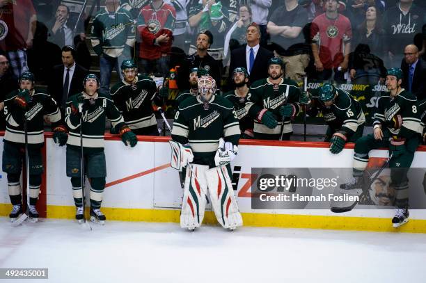 The Minnesota Wild react to a loss of Game Six of the Second Round of the 2014 NHL Stanley Cup Playoffs against the Chicago Blackhawks on May 13,...