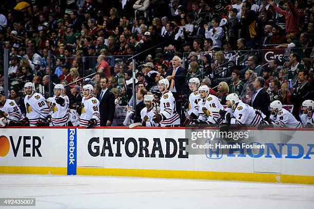 The Chicago Blackhawks react to a call in Game Six of the Second Round of the 2014 NHL Stanley Cup Playoffs against the Minnesota Wild on May 13,...