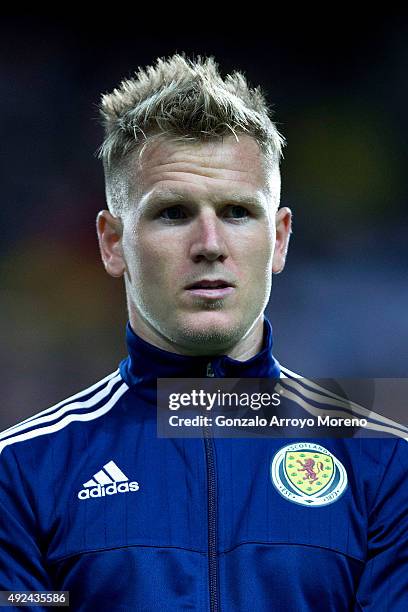 Matt Ritchie of Scotland listens to his National anthem prior to start the UEFA EURO 2016 Qualifying round Group G match between Gibraltar and...
