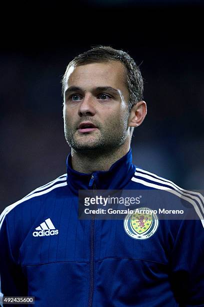Shaun Maloney of Scotland listens to his National anthem prior to start the UEFA EURO 2016 Qualifying round Group G match between Gibraltar and...