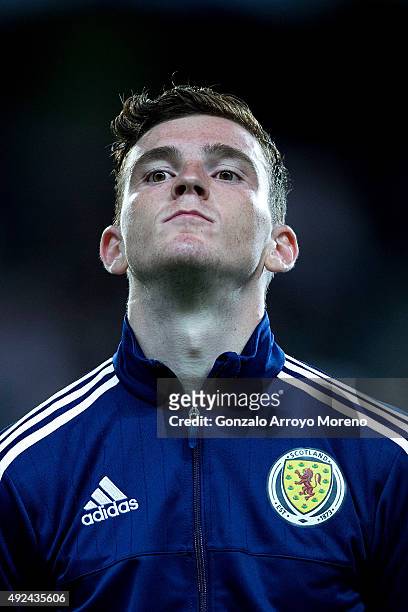 Andrew Robertson of Scotland listens to his National anthem prior to start the UEFA EURO 2016 Qualifying round Group G match between Gibraltar and...