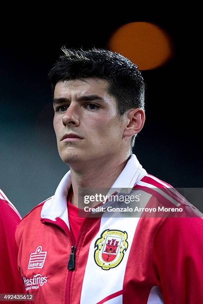 Anthony Bardon of Gibraltar listens to his National anthem prior to start the UEFA EURO 2016 Qualifying round Group G match between Gibraltar and...