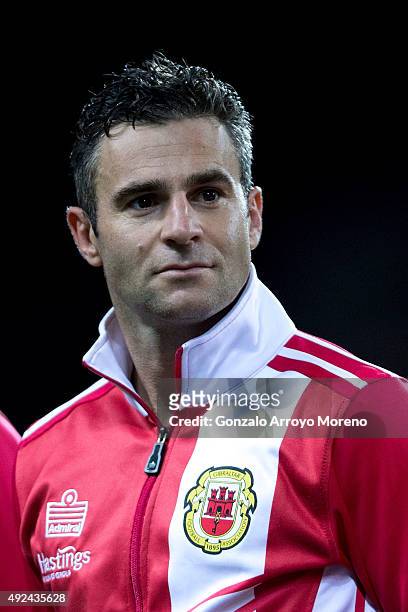 Lee Casciaro of Gibraltar listens to his National anthem prior to start the UEFA EURO 2016 Qualifying round Group G match between Gibraltar and...