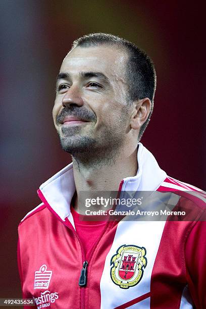 Roy Chipolina of Gibraltar listens to his National anthem prior to start the UEFA EURO 2016 Qualifying round Group G match between Gibraltar and...