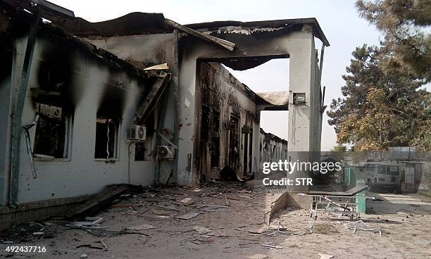 The damaged hospital in which the Medecins Sans Frontieres medical charity operated is seen on October 13, 2015 following an air strike in the...