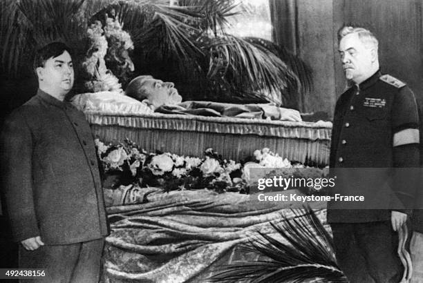 Georgy Malenkov and Nikolai Bulganin in front of the remains of Joseph Stalin in March, 1953 in Moscow, Russia.