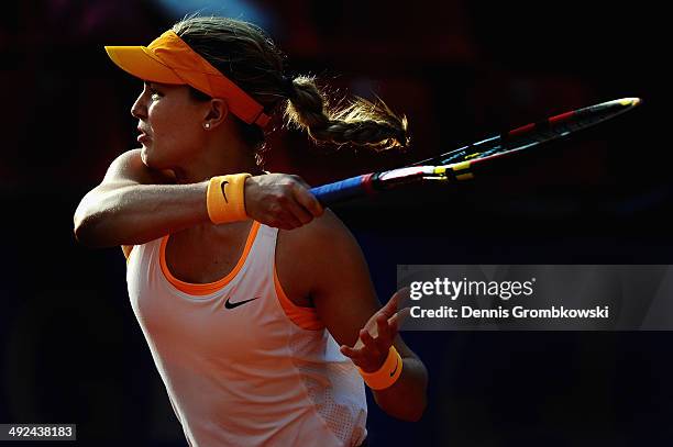 Eugenie Bouchard of Canada plays a forehand during her match against Anastasia Rodionova of Australia during Day 4 of the Nuernberger...