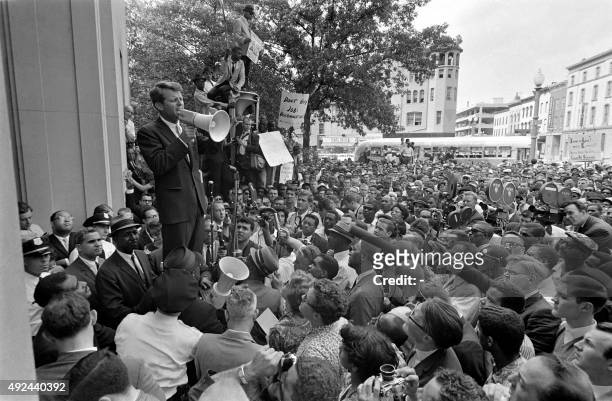 United States Attorney General Robert Kennedy delivers a speech during a Civil rights activists demonstration on June 30, 1963 in Washington DC.
