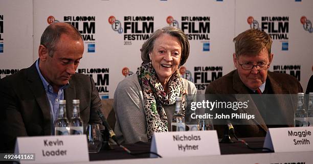 Nicholas Hytner, Maggie Smith and Alan Bennett at "The Lady In The Van" Press Conference at Claridges Hotel on October 13, 2015 in London, England.