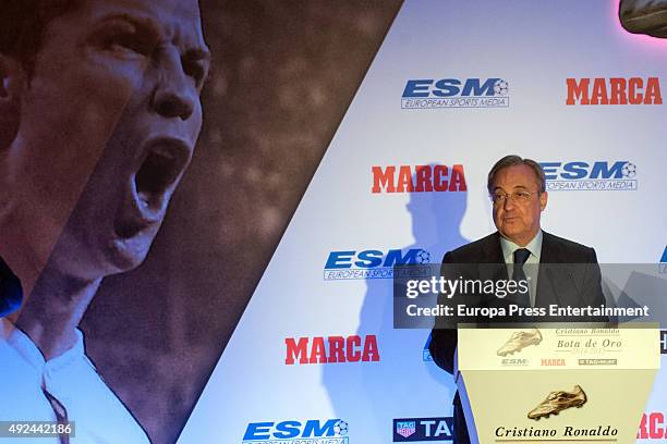 Real Madrid president Florentino Perez speaks at the award ceremony to present Cristiano Ronaldo with his fourth Golden Boot Award as the highest...