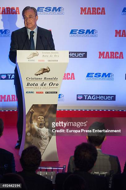 Real Madrid president Florentino Perez speaks at the award ceremony to present Cristiano Ronaldo with his fourth Golden Boot Award as the highest...