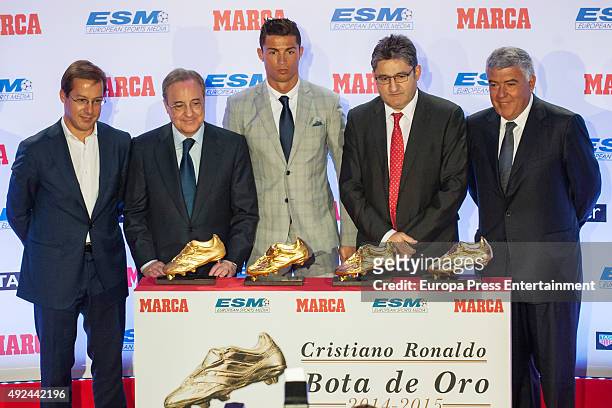 Real Madrid president Florentino Perez and Real Madrid football player Cristiano Ronaldo attend the award ceremony to present Cristiano Ronaldo with...