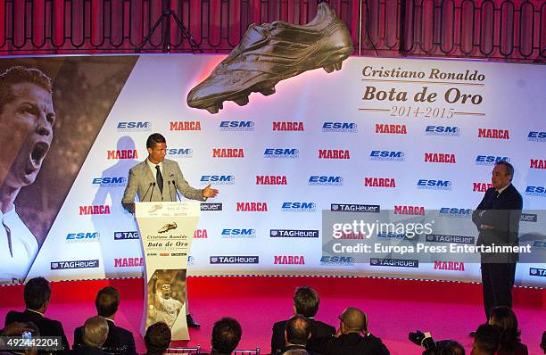 Real Madrid football president Florentino Perez and Real Madrid football player Cristiano Ronaldo attend the award ceremony to present Cristiano...