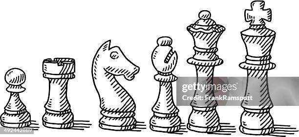 illustrazioni stock, clip art, cartoni animati e icone di tendenza di scacchi pezzi set di disegno - scacchi